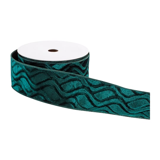Melrose 2.5" x 10yd. Green & Black Embossed Wave Velvet Wired Polyester Ribbon